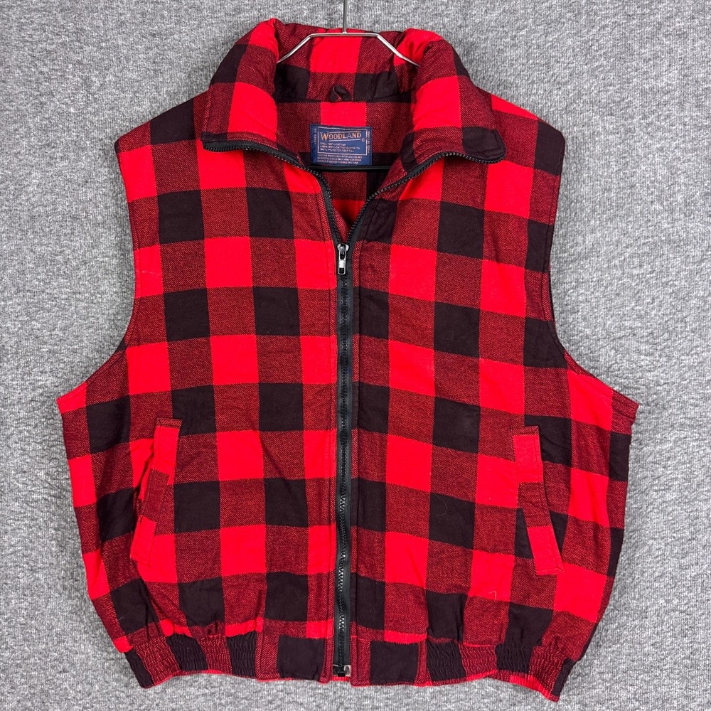 Vintage Woodland Jacket Vest Mens Large Red Buffalo Plaid Lumberjack Full Zip